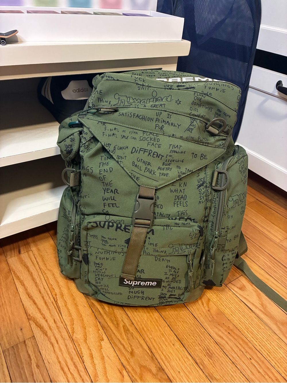 Supreme Olive Green Canvas Script-Print Backpack